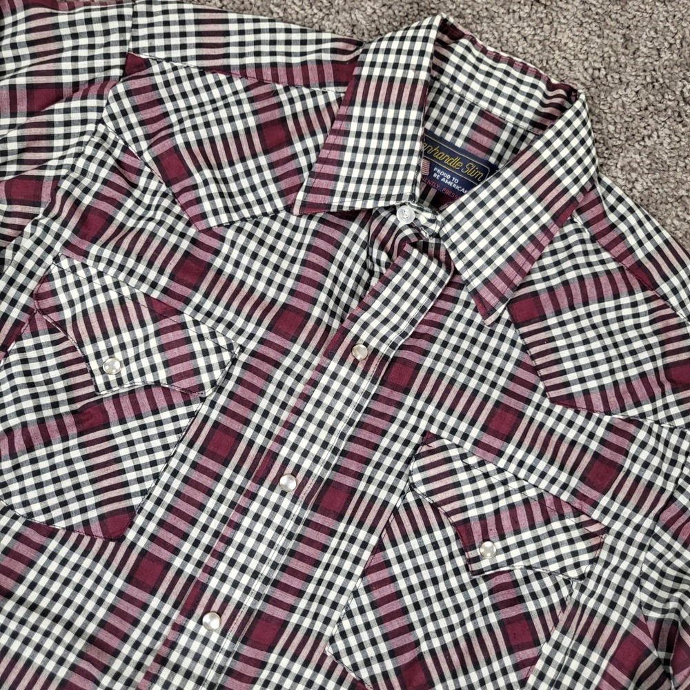 Panhandle Slim Western Shirt Mens 15.5-32 Burgundy Plaid Pearl Snap USA Vintage